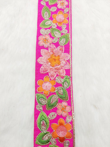 Fuchsia Pink Silk Fabric Embroidered Trim, Floral Embroidery Indian Sari Border Trim By Yard Decorative Trim Craft Lace, Sequins Trim